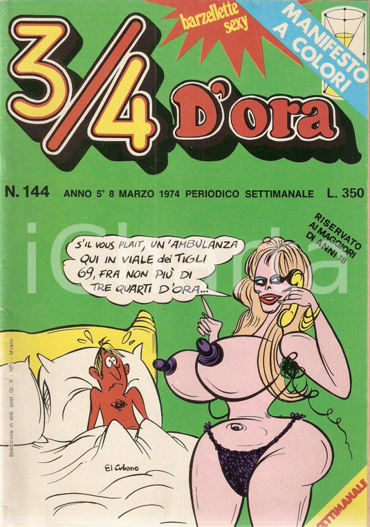 1974 - 3/4 D'ORA n. 144 Rivista illustrata EROTICA Barzellette sexy  