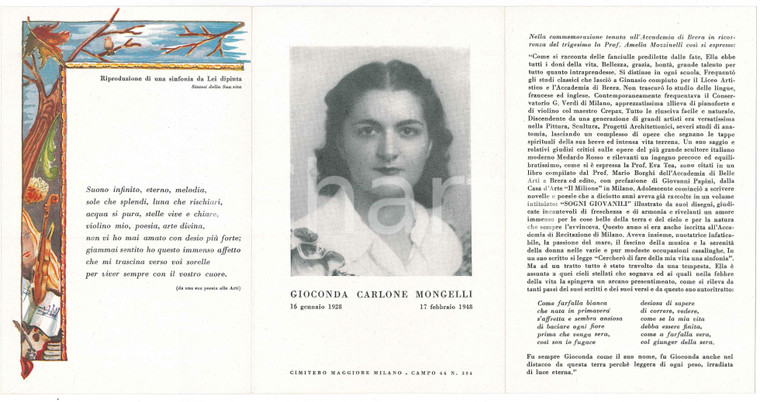 1948 MILANO Gioconda CARLONE MONGELLI Scrittrice - Pieghevole lutto
