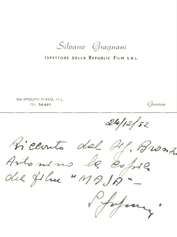 1952 GENOVA REPUBLIC FILM srl Biglietto da visita Silvano GRAGNANI *Autografo