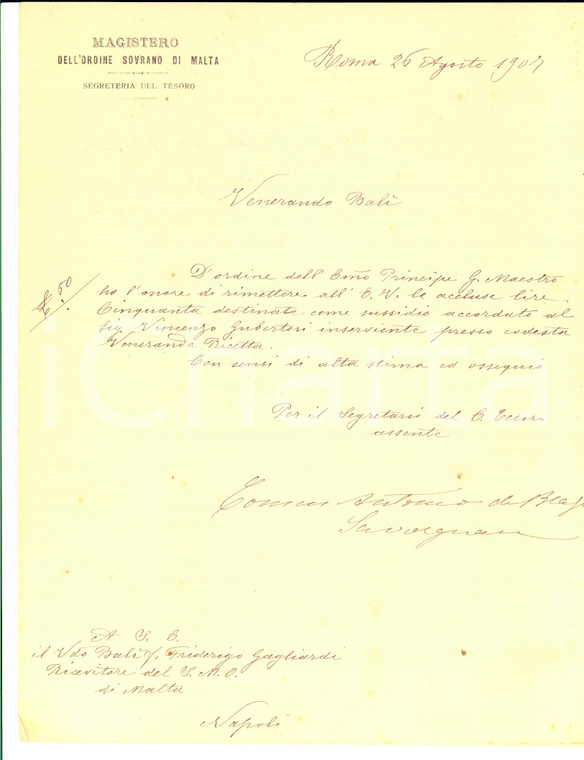 1907 ROMA Ordine Sovrano di MALTA Lettera sussidio *Antonio SAVORGNAN DI BRAZZÀ