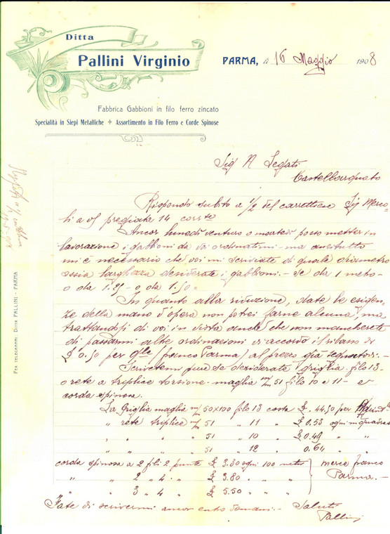 1908 PARMA Virginio PALLINI promette lavorazione gabbioni in ferro *Lettera