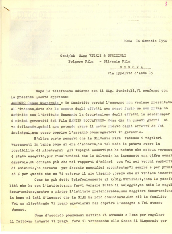 1954 GENOVA FOLGORE FILM chiede saldo per 'Due mogli per ogni uomo'