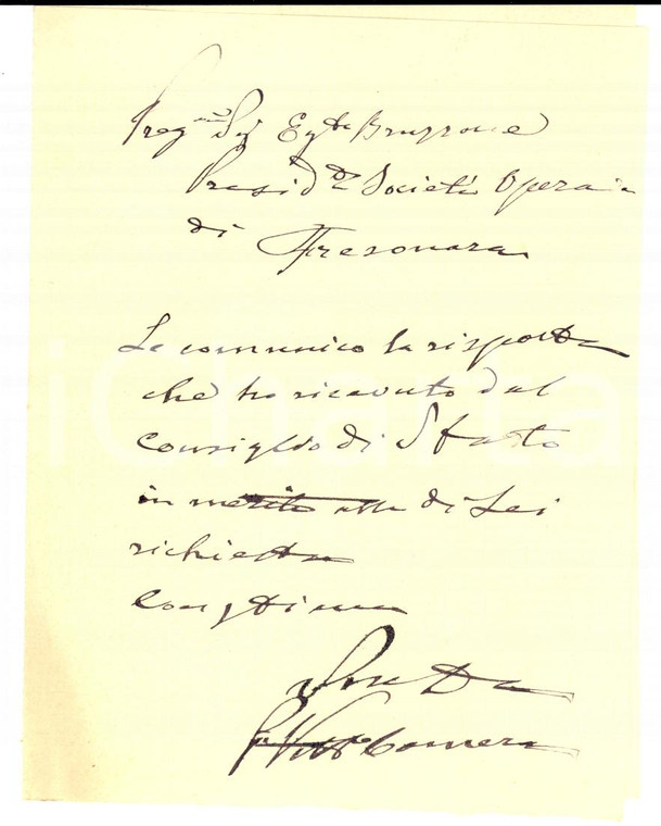 1899 FRESONARA (AL) Vittorio CAMERA al presidente Società Operaia *Autografo