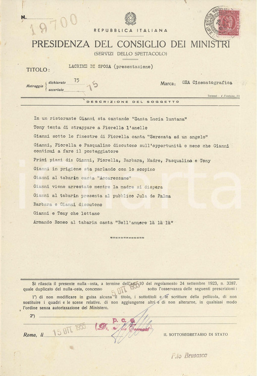 1955 ROMA CINEMA Nulla osta e soggetto film 'Lacrime di sposa' di Sante CHIMIRRI