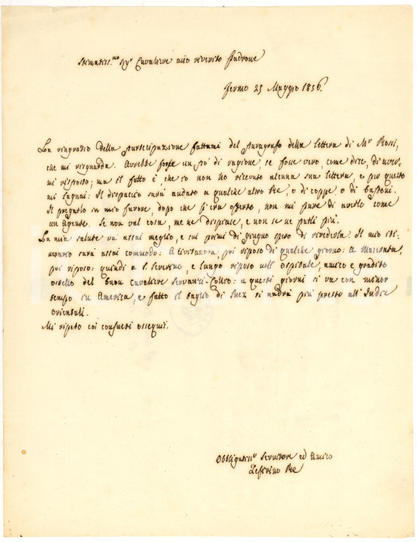 1856 FERMO Zeffirino RE migliora in salute e promette una visita *AUTOGRAFO