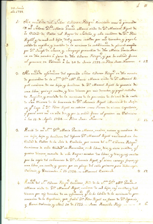 1732 CAGLIARI Spese di donna Maria Grazia MANCA per cappellania RIPOLL 