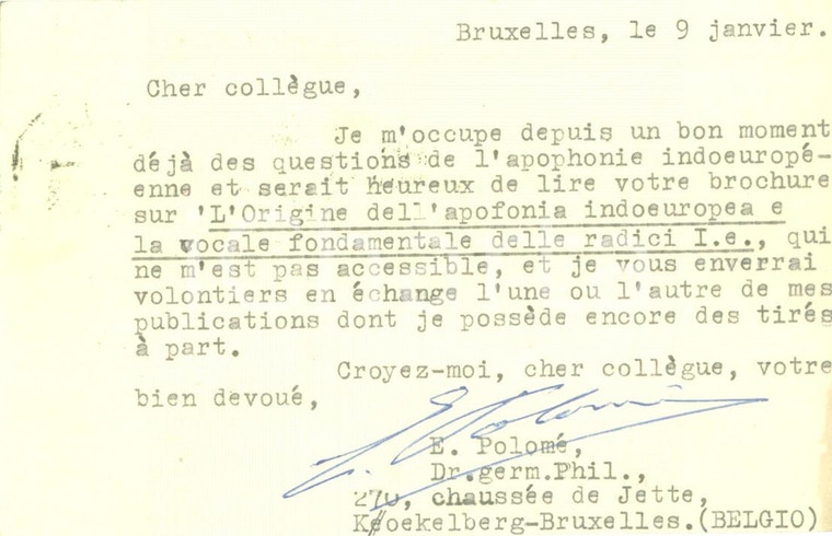 1953 BRUXELLES Edgar Charles POLOME' studia apofonia indoeuropea *AUTOGRAFO