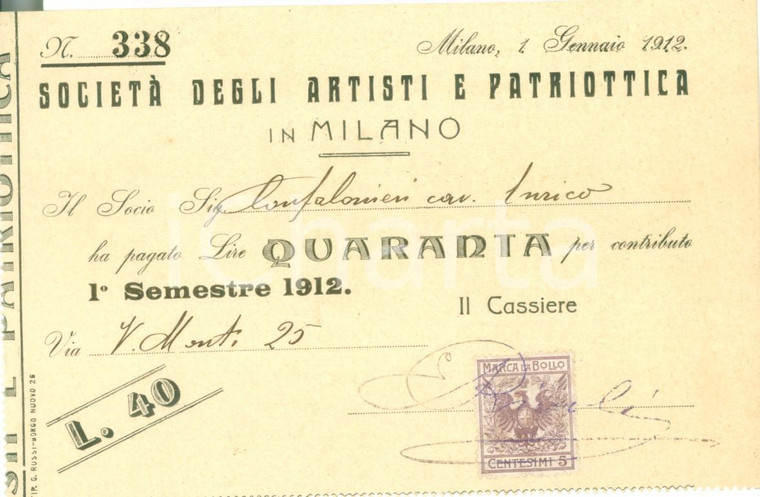1912 MILANO Società degli Artisti e Patriottica Ricevuta a Enrico CONFALONIERI