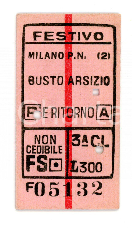 1955 FF.SS. MILANO PN - BUSTO ARSIZIO Biglietto ferroviario FESTIVO Terza classe