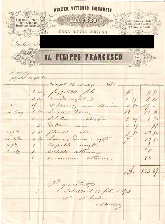1873 SALUZZO (CN) Francesco FILIPPI tessuti drapperie *Fattura