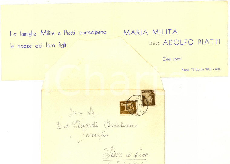 1935 ROMA Partecipazione nozze Adolfo PIATTI - Maria MILITA