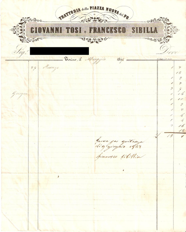 1847 TORINO Trattoria Piazza Nuova PO Giovanni TOSI Francesco SIBILLA Fattura