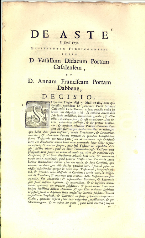 1750 CASALE MONFERRATO Didaco PORTA vs Anna Francesca DABBENE per fedecommesso