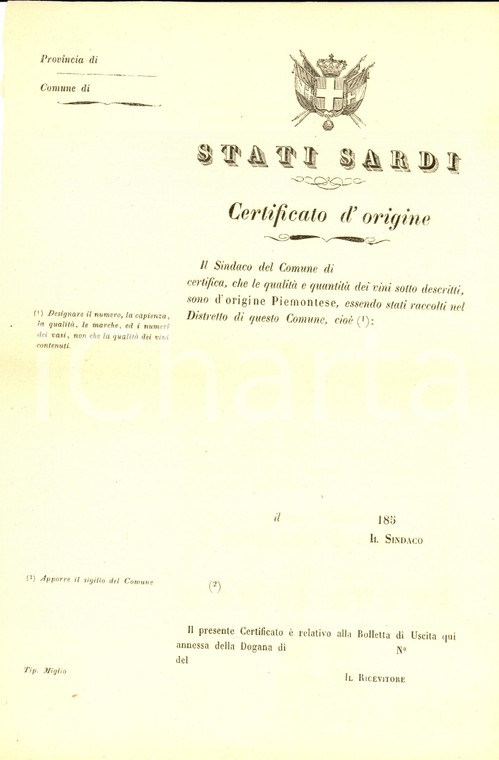 1850 ca STATI SARDI TORINO Certificato origine garantita vini piemontesi RARO