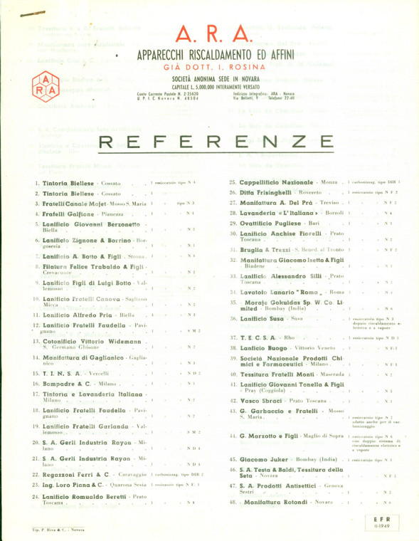 1949 NOVARA Apparecchi riscaldamento affini A.R.A. Dott. ROSINA Referenze