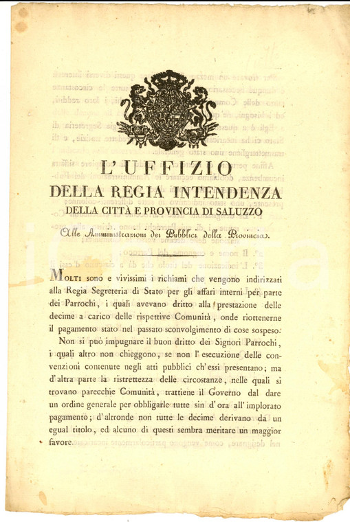 1816 SALUZZO (CN) RESTAURAZIONE Nuova riscossione delle decime parrocchiali