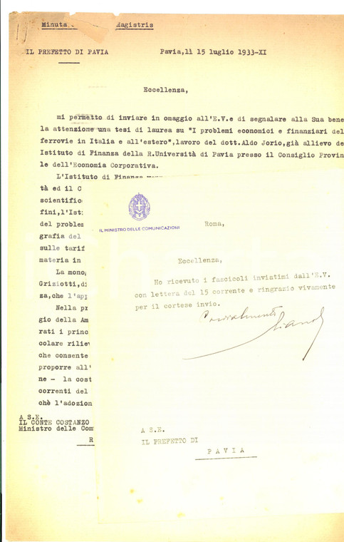 1933 PAVIA Costanzo CIANO ringrazia per dossier su Aldo JORIO *AUTOGRAFO