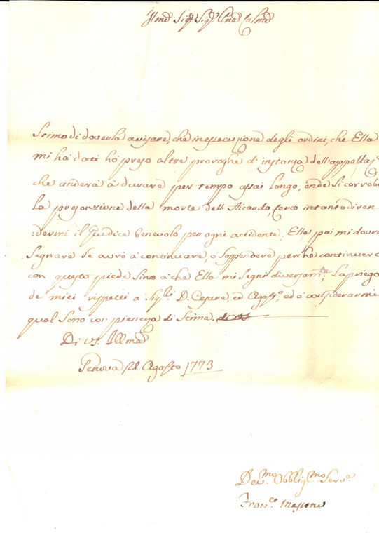 1773 GENOVA Francesco MASSONE cerca di rendersi il giudice benevolo *Lettera