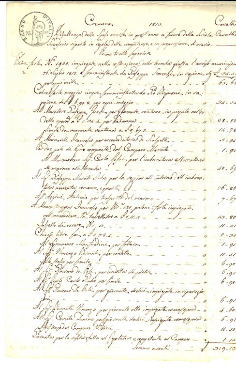 1815 CREMONA Spese per la SERIOLA CAVALLINA e riparto competenze *Manoscritto