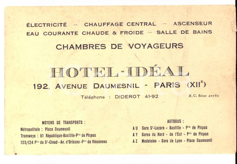 1910 ca PARIS Avenue DAUMESNIL Hotel IDEAL Chambres de voyageurs *Publicitaire