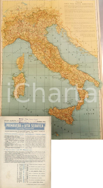 1953 PRIMAVERA DI VITA SERAFICA Carta fisico-politica dell'ITALIA *Anno XXIX n°8