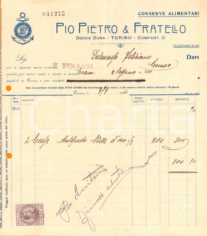 1924 TORINO Conserve PIO PIETRO & Fratello ai DOCKS DORA *Fattura
