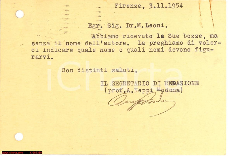 1954 FIRENZE Istituto Studi Etruschi Aldo NEPPI MODONA - Autografo