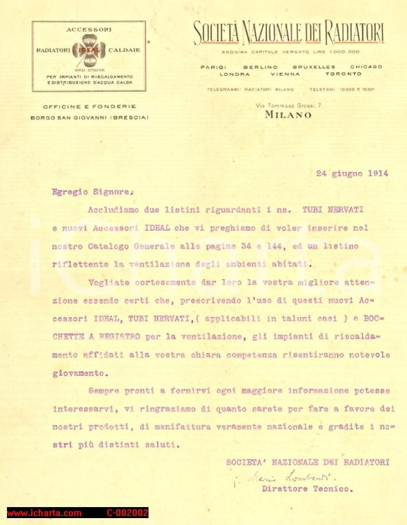 1914 MILANO - SOCIETA' NAZIONALE DEI RADIATORI- Lettera commerciale 