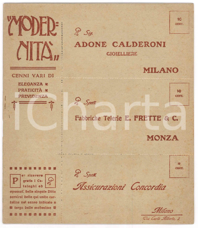 1909 MODERNITA' Pubblicazione ditte CALDERONI - FRETTE - CONCORDIA *Anno I n° 8