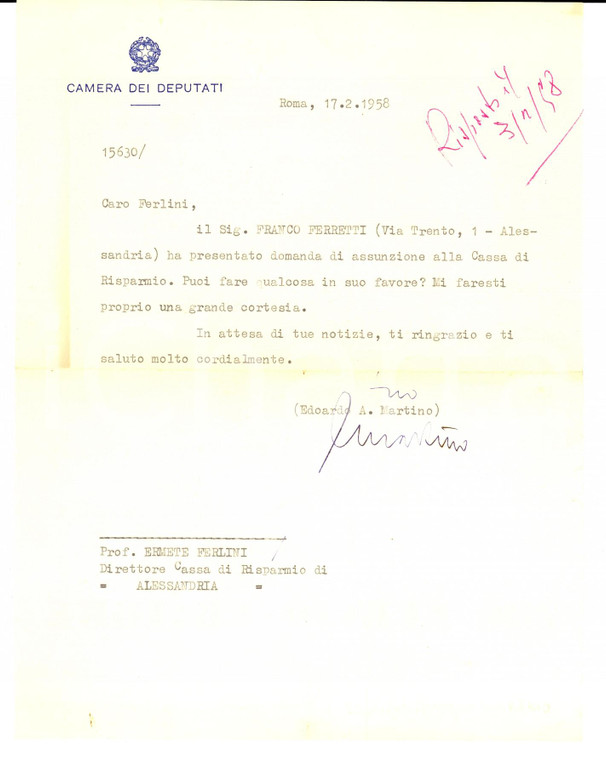 1958 ROMA On. Edoardo Angelo MARTINO raccomanda Franco FERRETTI *Autografo