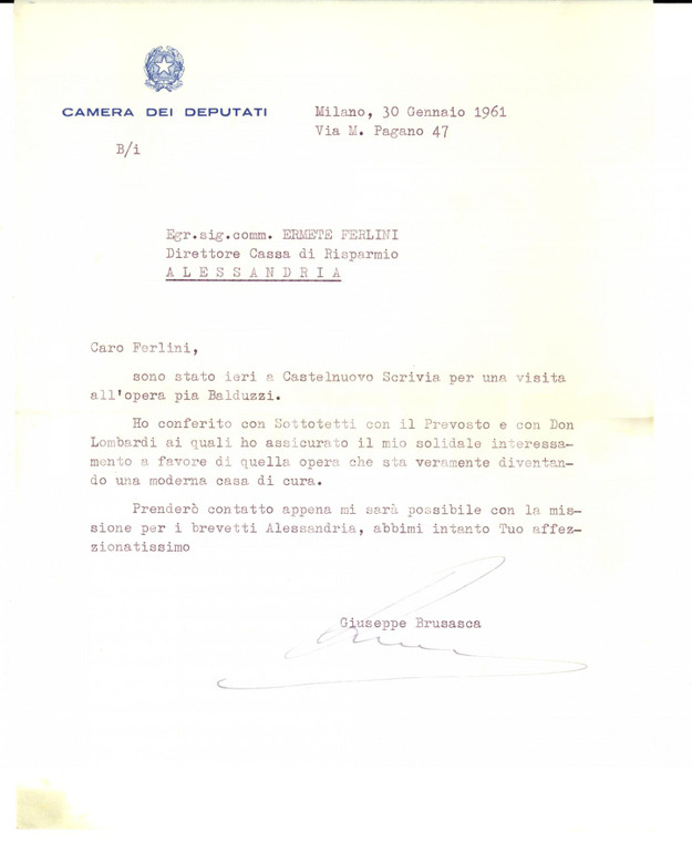 1961 ROMA On. Giuseppe BRUSASCA visita Opera Pia Balduzzi *GIUSTO TRA LE NAZIONI