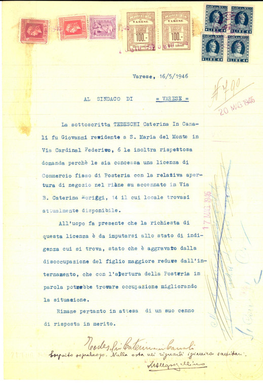 1946 VARESE Caterina TEDESCHI richiede licenza posteria per estrema indigenza