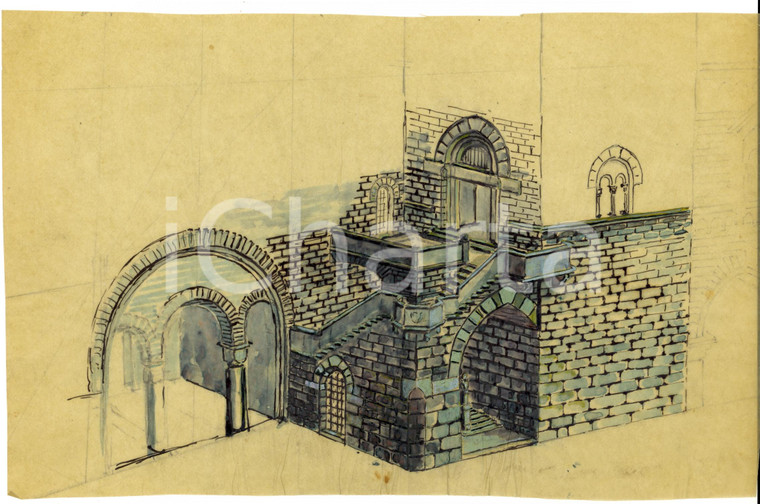 1926 COMO Progetto Monumento ai Caduti -Torre BROLETTO Disegno acquerellato