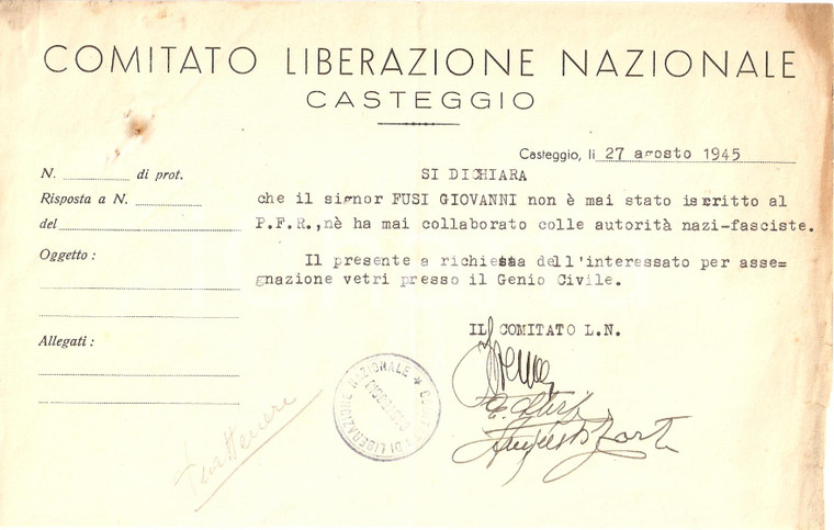 1945 CASTEGGIO (PV) CLN Giovanni FUSI non ha collaborato con nazi-fascisti