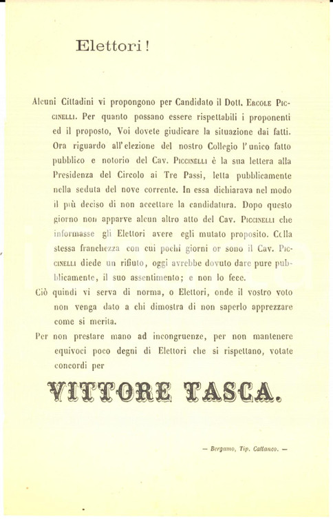 1870 ca BERGAMO Volantino pro Vittore TASCA contro Ercole PICCINELLI *PROPAGANDA