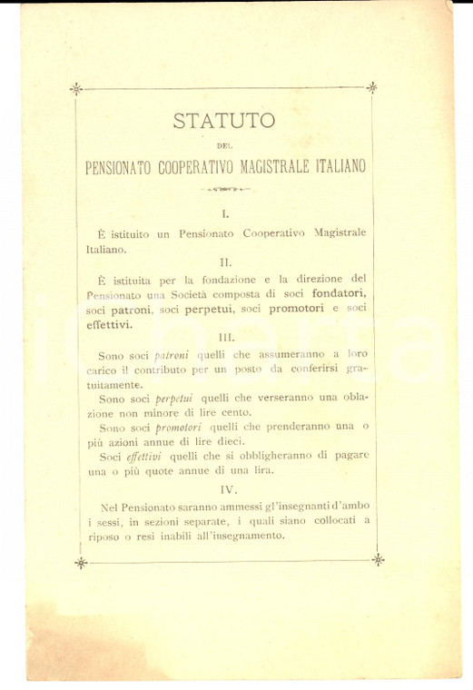 1890 ca TORINO Statuto del pensionato cooperativo magistrale italiano