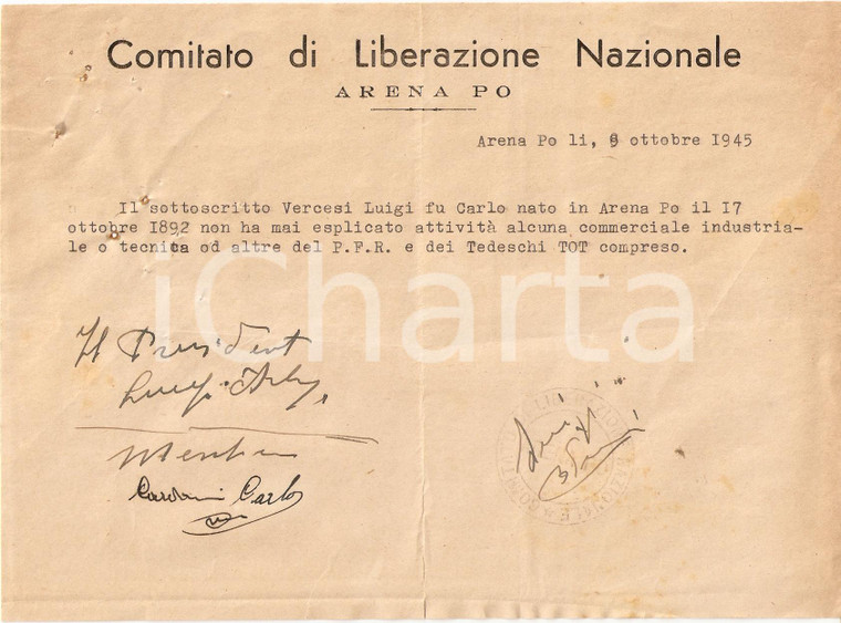 1945 ARENA PO (PV) CLN Luigi VERCESI nessuna collaborazione con PFR e TODT