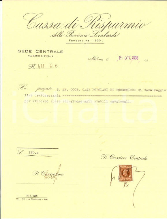 1935 MILANO Cassa di Risparmio delle Provincie Lombarde *Ricevuta sopralluogo 