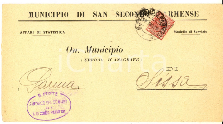 1926 STORIA POSTALE Affrancatura 10 cent. piego SAN SECONDO PARMENSE per SISSA 