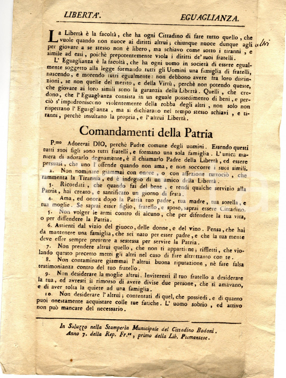 1798 REPUBBLICA PIEMONTESE I Comandamenti della Patria