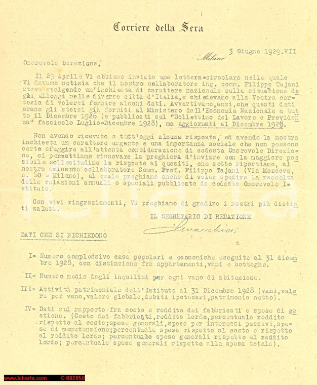 1929 CORRIERE DELLA SERA Lettera su inchiesta Filippo Tajani - Case popolari 