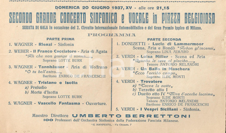 1937 MILANO Concerto G. P. Ippico Umberto BERRETTONI - Volantino
