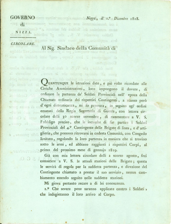 1818 NIZZA Quarto Contingente Brigate di linea deve partire subito *Documento