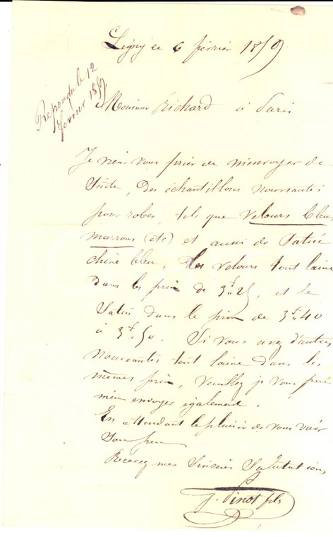 1859 LIGNY-LE-CHATEL (F) Nuovo velluto blu per mercante PINOT *Lettera