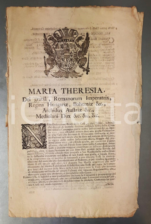 1755 MILANO Editto Maria Teresa d'AUSTRIA per catasto su abitazione di residenza