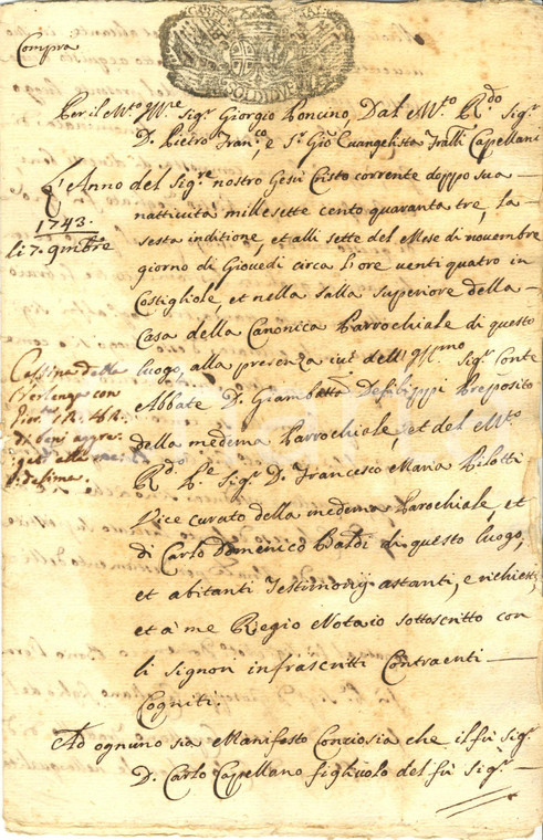 1743 COSTIGLIOLE D'ASTI Fratelli CAPELLANI vendono cascina VERLENGA *Manoscritto