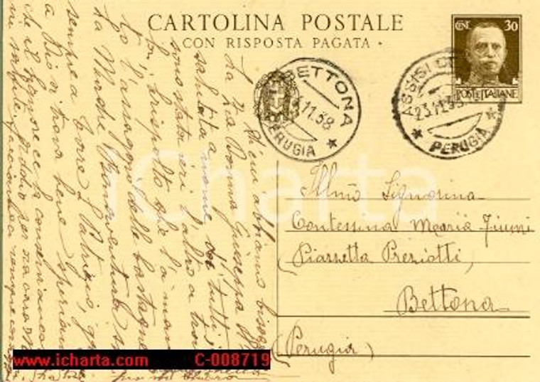 1938 BETTONA (PG) Contessa Chiara FIUMI Tempi tristissimi per tutti FG VG