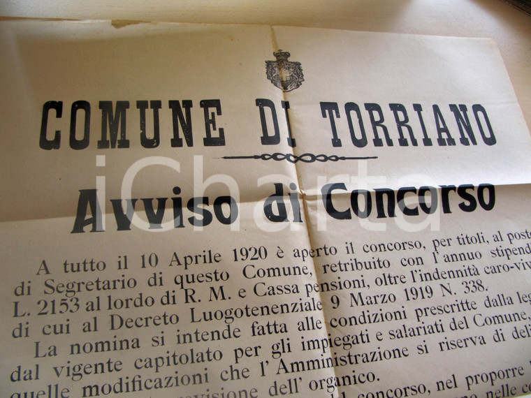1920 TORRIANO (PV) Concorso per segretario comunale MANIFESTO