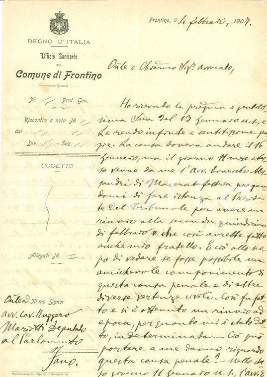 1907 FRONTINO (PU) Pietro BELLI lite con fratello Marino per violenze *Documento