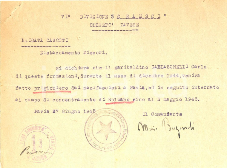 1945 CLN PAVIA Partigiano Carlo GARLASCHELLI internato campo di concentramento